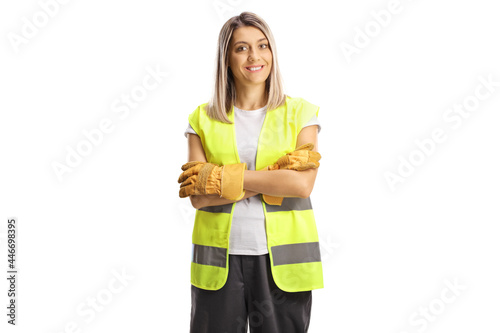 Female waste collector in a uniform and gloves photo