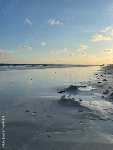 shoreline view of Destin, Florida beach at sunset 