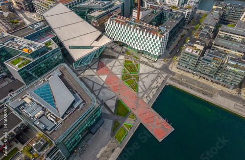 Aerial view of Grand Canal and Grand Canal Square, Dublin, Ireland.