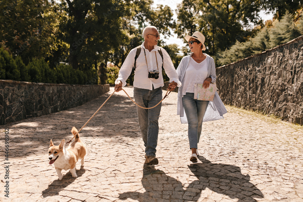 Trendy woman in hat and blue blouse walking and looking grey haired man in white long sleeve shirt with camera and corgi in park.. Trendy woman in hat and blue blouse walking and looking grey haired man in white long sleeve shirt with camera and corgi in park..