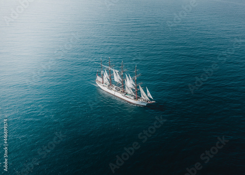 Vladivostok, Russia - 03 June 2020: Aerial view of a big sailing vessel crossing the bay in Vladivostok, Russia. photo