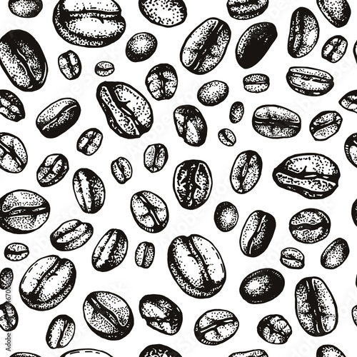 Seamless pattern with coffee beans. Hand-drawn sketches on a white background. Monochrome endless background for design
