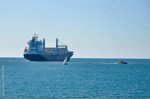 A container ship sailing in the Atlantic Ocean