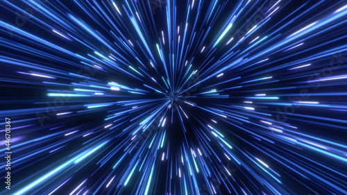 Through space, starfield. Abstract particles, neon rays background.