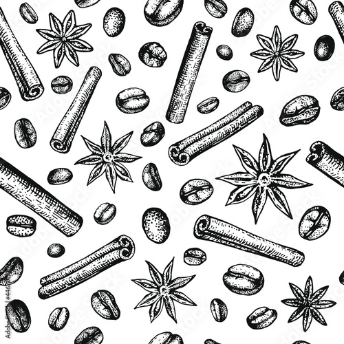 Seamless pattern with coffee beans, cinnamon, anise stars. Hand-drawn sketches on a white background. Monochrome endless design background