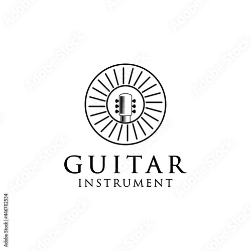 music band logo  with a guitar object with a stripe. black and white logo style.