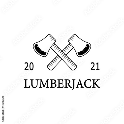 Lumberjack logo with two axes, line logo type. in black and white style.