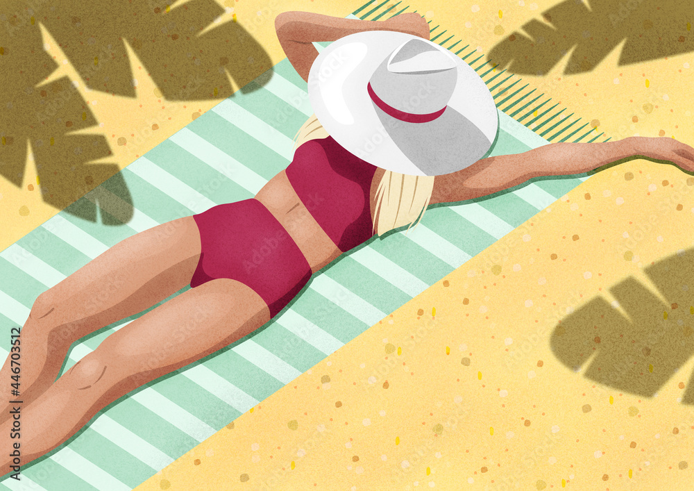 Kobieta opalająca się nad morzem. Widok z góry szczupłej blond dziewczyny w czerwonym bikini i kapeluszu leżącej na ręczniku w paski na plaży. Sportowa sylwetka. Letnia wakacyjna ilustracja. - obrazy, fototapety, plakaty 