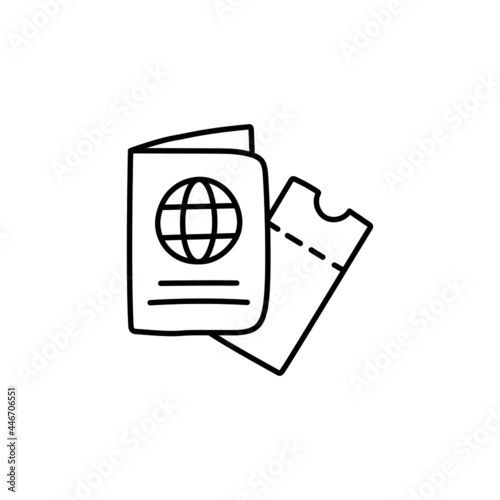 Passport and travel ticket vacation icon in flat black line style, isolated on white background 