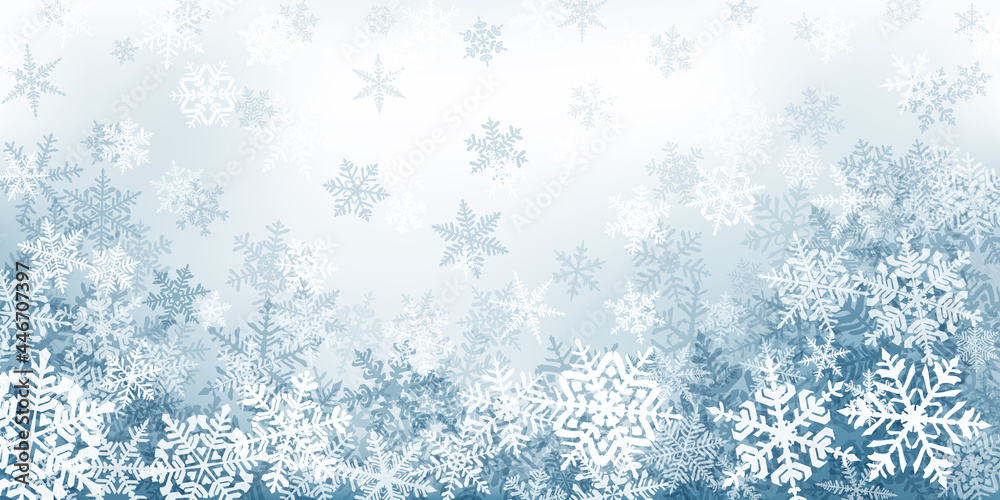 Background of complex Christmas snowflakes in gray colors. Winter illustration with falling snow