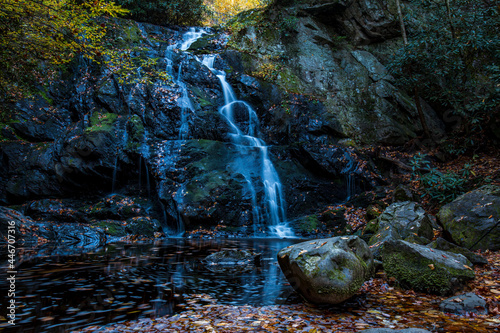 Autumn Spruce Flatts Falls moss covered boulders and fallen leaves Great Smoky Mountains