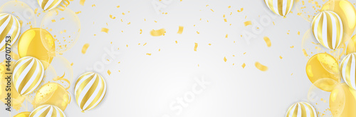 Gold balloons and Celebration background template with confetti and gold ribbons. luxury