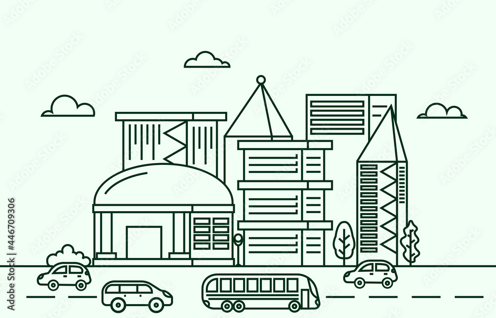 Traffic Modern City Skyscraper Building Cityscape Skyline Line Illustration Traffic Modern City Skyscraper Building Cityscape Skyline Line Illustration