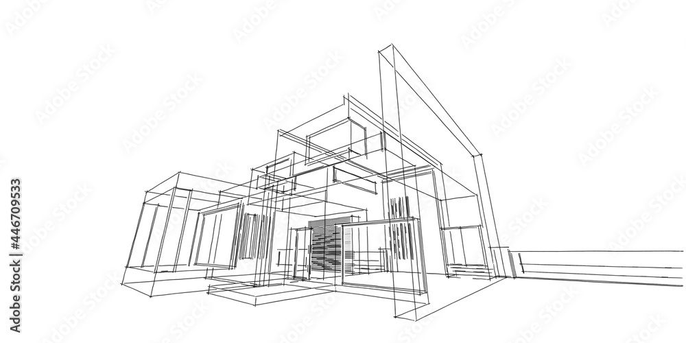 Building sketch architectural 3d illustration, Architecture building perspective lines