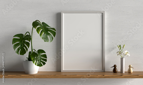 Monstera plant in vase with frame mockup, 3D rendering