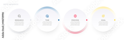 Business infographic template label design with circles and icons. Timeline process with 4 options or steps. Vector illustration.