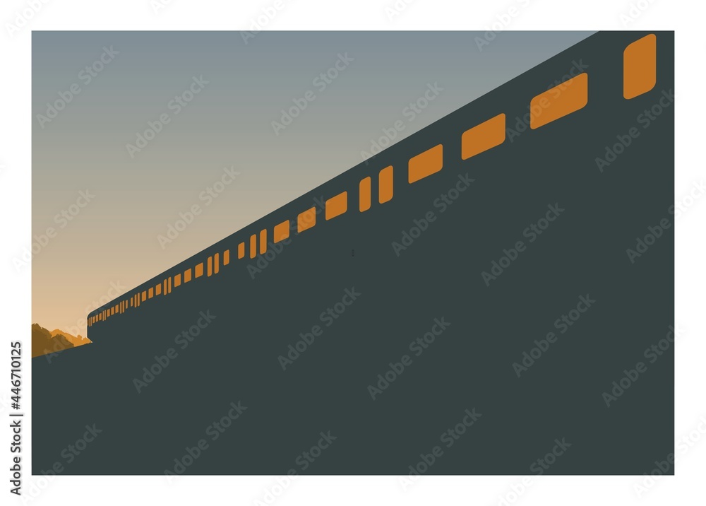 Silhouette of commuter train in perspective view with mountain and sky background
