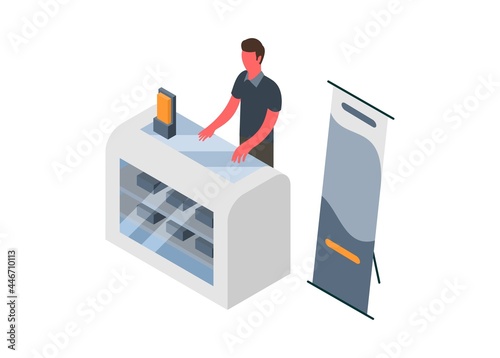 Male sales person on promotion stand. Simple flat illustration.