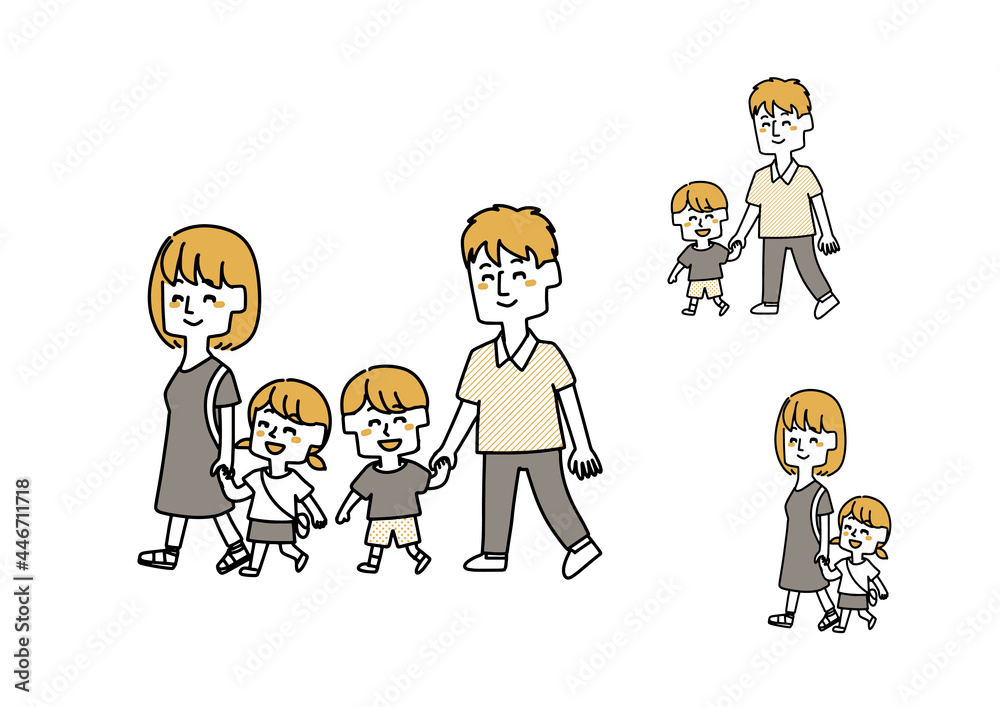 Naklejka premium 手を繋いでお出かけする家族のセット
