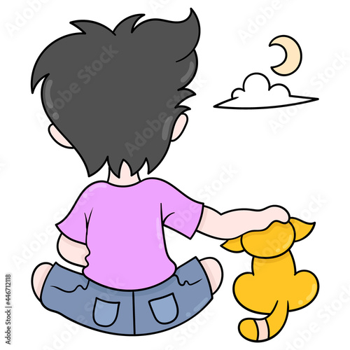 boy with his pet cat brooding in the middle of the night, doodle icon image kawaii