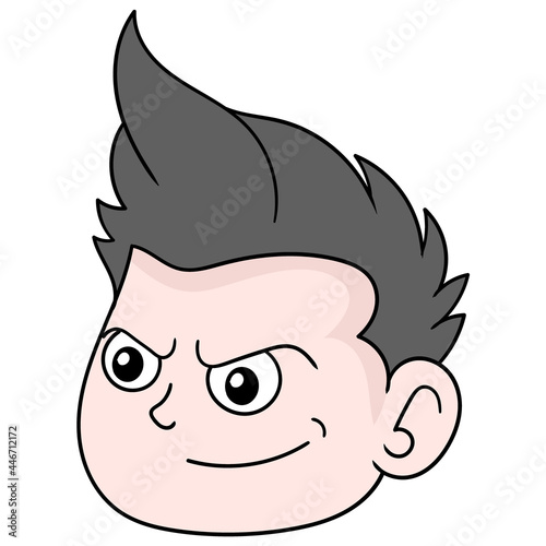 human head boy smiling arrogant face, doodle icon drawing