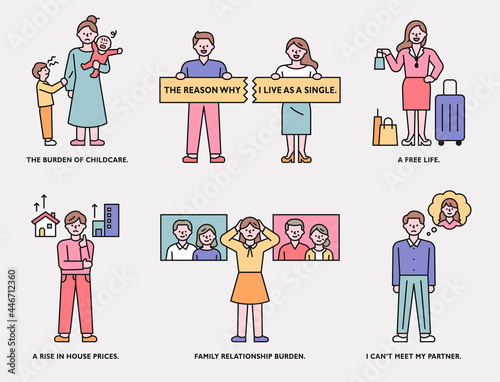 The characters explain the advantages and disadvantages of being married and not married. outline simple vector illustration.
