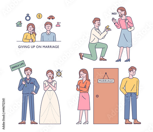 A collection of married and unmarried characters. outline simple vector illustration.