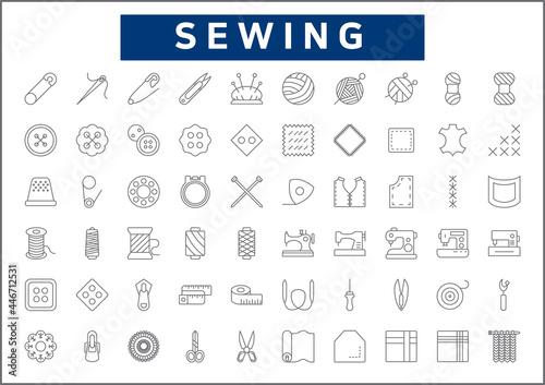 Set of 60 Sewing and Handmade line style. Contains such icons as tailor, knitting, fabric, leather, acrylic, textile, wool, cotton, pin, button and other elements.