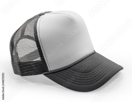 Side View Realistic Cap Mock Up In Gray Color is a high resolution hat mockup to help you present your design or brand logo beautifully. photo