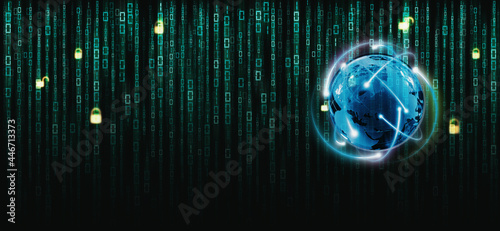 Binary matrix code with globe on the screen photo