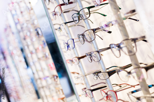 Image of a glasses showcase in modern optic shop, nobody © JackF