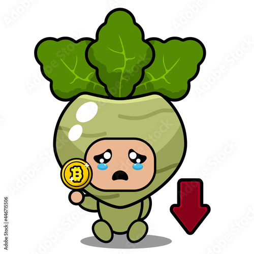 vector cartoon character cute kohlrabi vegetable mascot holding bitcoin with down arrow