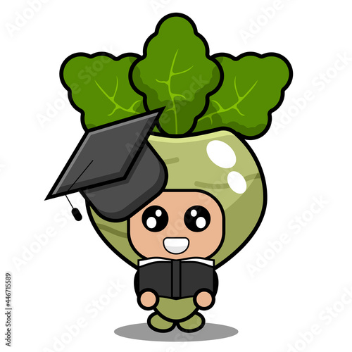 cute kohlrabi mascot vegetable cartoon character vector wearing graduation hat and holding book
