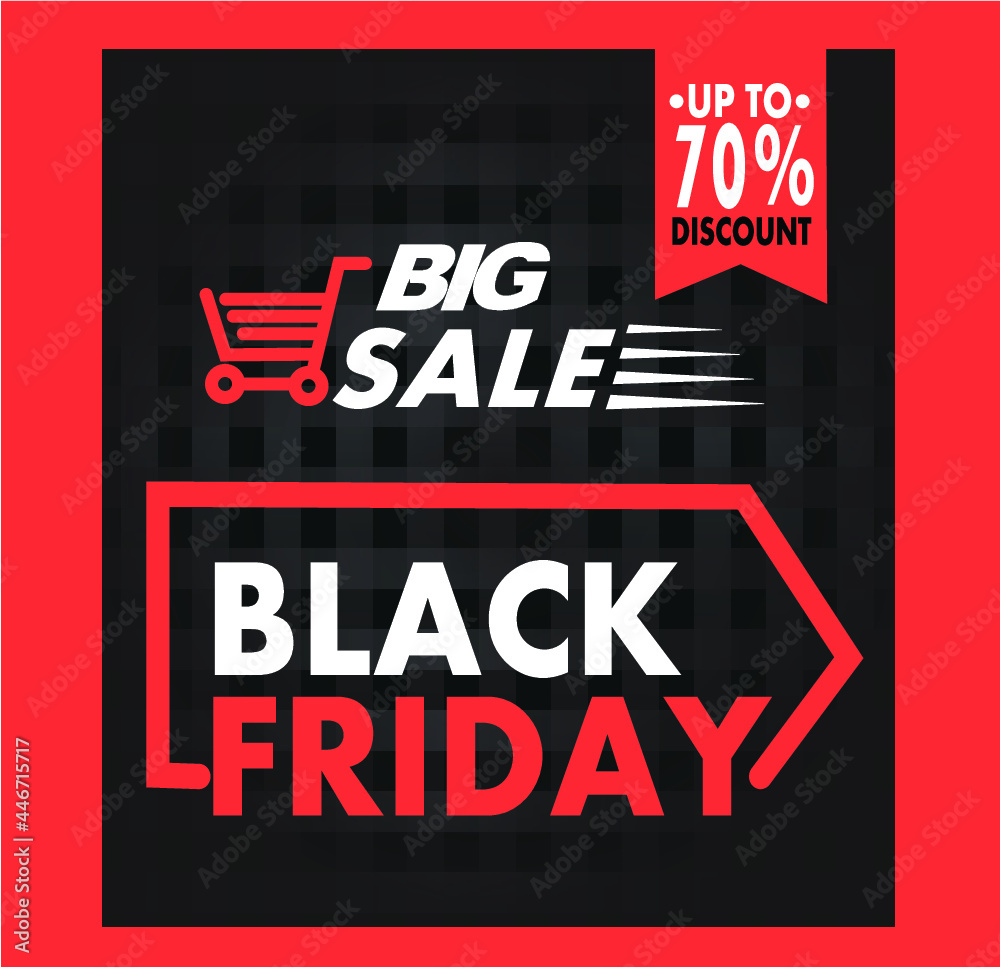 Editable black friday sales and advertising banner,online sales banner vector in red colors with shopping cart sales logo and 70% discount on online sales with writing great sales.
illustrator version