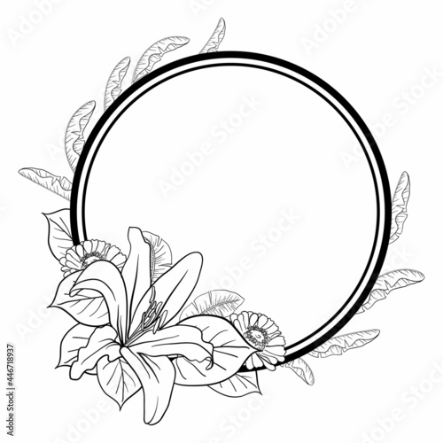 Fototapeta Naklejka Na Ścianę i Meble -  Beautiful Foliage Floral Frame Text Divider with elegant floral and leaves in Monochrome  illustration. 