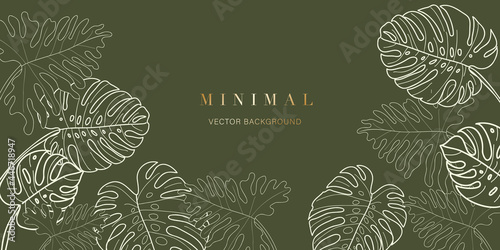 Minimal tropical leaves background vector. Botanical and jungle leaves line art summer exotic concept with copy space design for wallpaper poster, cover, invitation card background.