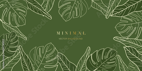 Minimal tropical leaves background vector. Botanical and jungle leaves line art summer exotic concept with copy space design for wallpaper poster, cover, invitation card background.