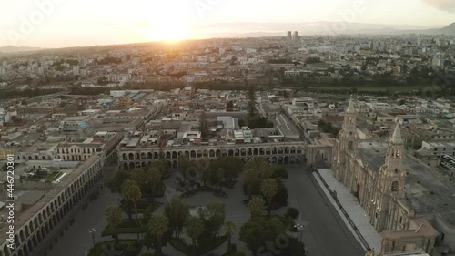 Arequipa, PERU - APRIL 20 2020. The main square of Arequipa, looks empty during the quarantine in Peru due to the coronavirus Covid-19
