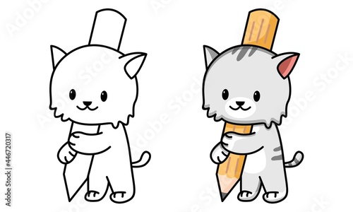 cat holding pencil coloring page for kids