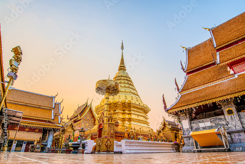 Wat Phra That Doi Suthep with golden morning sky, the most famous temple in Chiang Mai, Thailand (Low angle view)