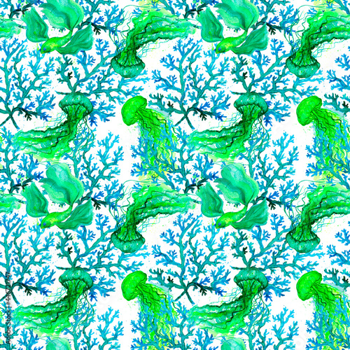 Watercolor corals. Seamless pattern with the underwater world sea animals.Paper Watercolor Blue Pattern.Splashy Seashell,Jellyfish,Fairy mermaids.