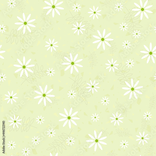 Chamomile pattern. Seamless background with white daisies on green. Pattern for textiles  fabrics  bed linen  wallpaper. Decorative print for design with chamomile and daisies. Vector illustration