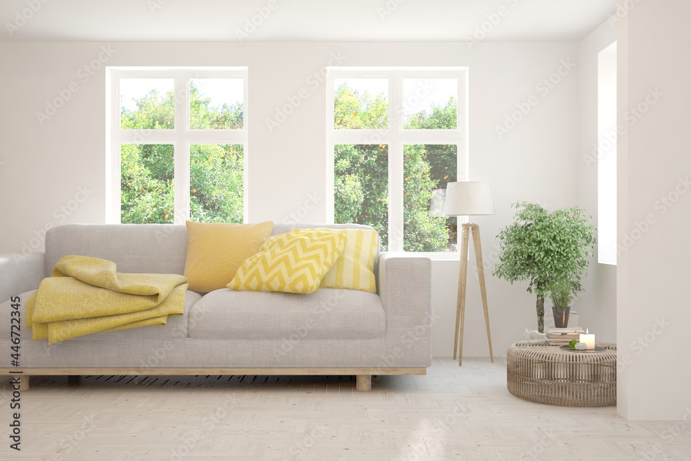 White living room with sofa and summer landscape in window. Scandinavian interior design. 3D illustration White living room with sofa and summer landscape in window. Scandinavian interior design. 3D illustration