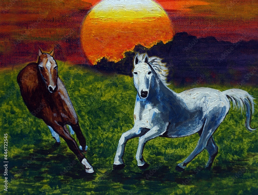 Oil painting of running horses, the view of the morning sunrise and the mountains