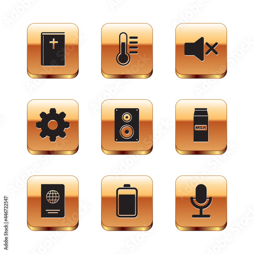 Set Holy bible book, Passport, Battery, Stereo speaker, Cogwheel gear settings and Speaker mute icon. Vector