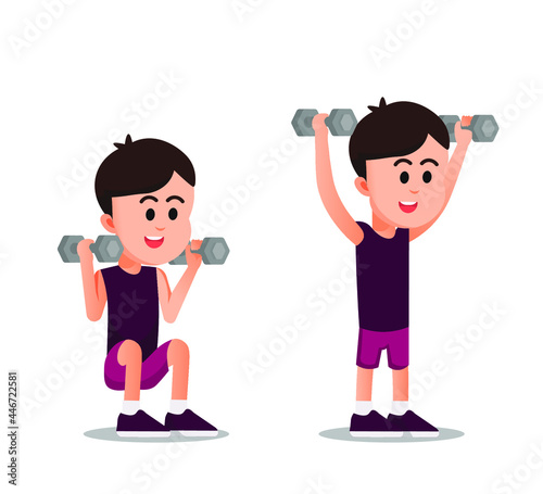 happy boy in the pose of lifting dumbbells