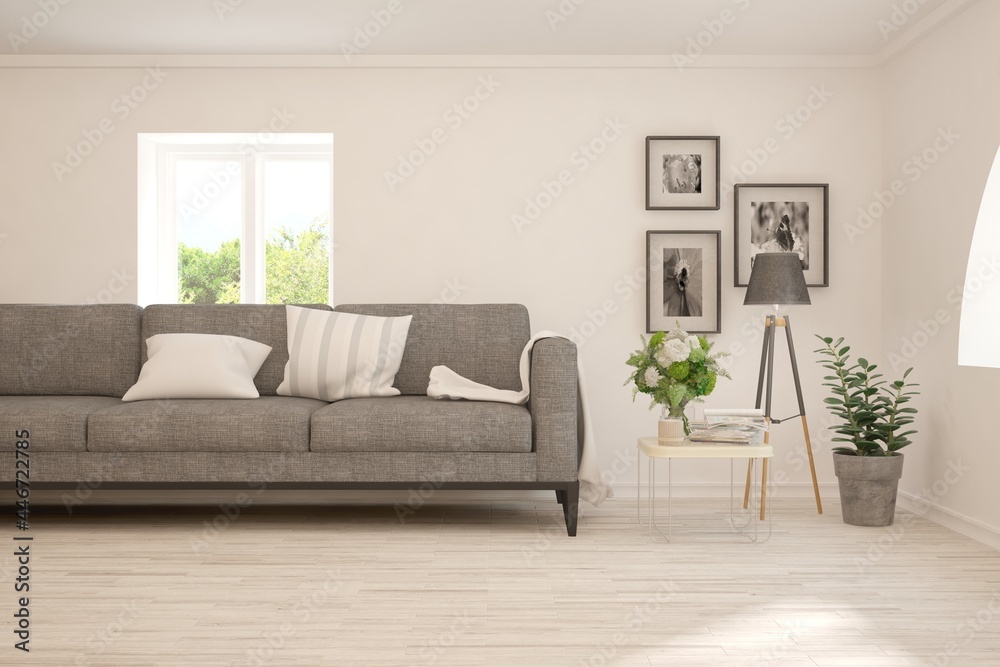 White living room with sofa. Scandinavian interior design. 3D illustration