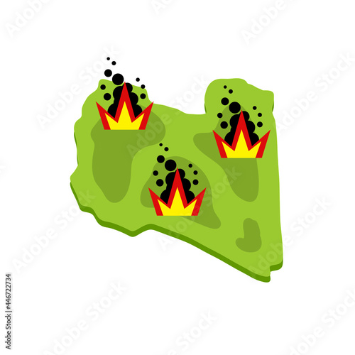Conflict and war in Libya. Map of combat operations. Explosion and terrorist attack. Arab Revolution in Africa. Flat cartoon