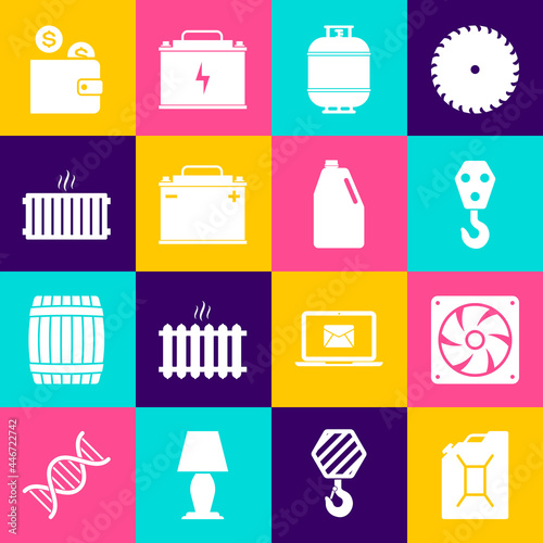 Set Canister for gasoline, Computer cooler, Industrial hook, Propane tank, Car battery and Heating radiator icon. Vector