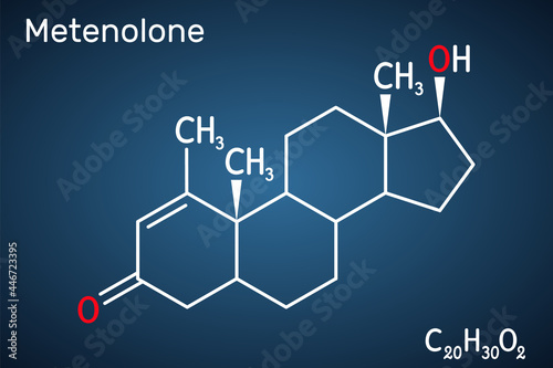 Metenolone, methenolone molecule. It is androgen, anabolic steroid. Structural chemical formula on the dark blue background